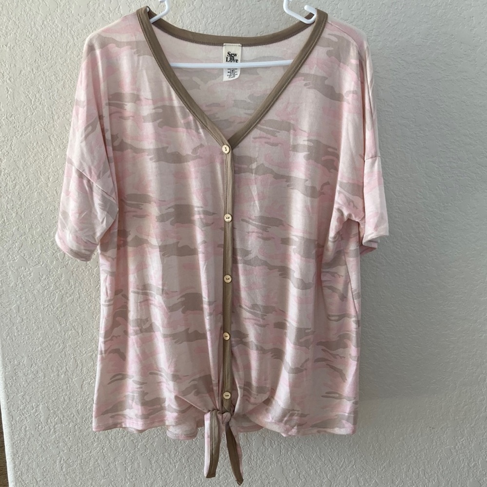 Sew In Love Pink Camo Faux Button Up Tie Waist Tee